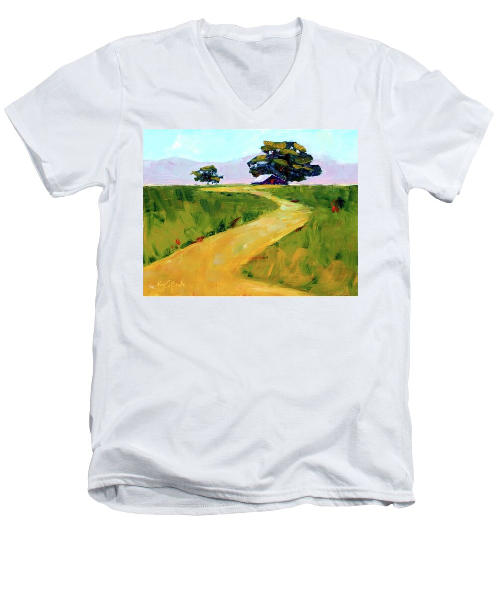 Cottonwood Men's V-Neck T-Shirt featuring the painting Beneath the Cottonwoods by Mary Benke