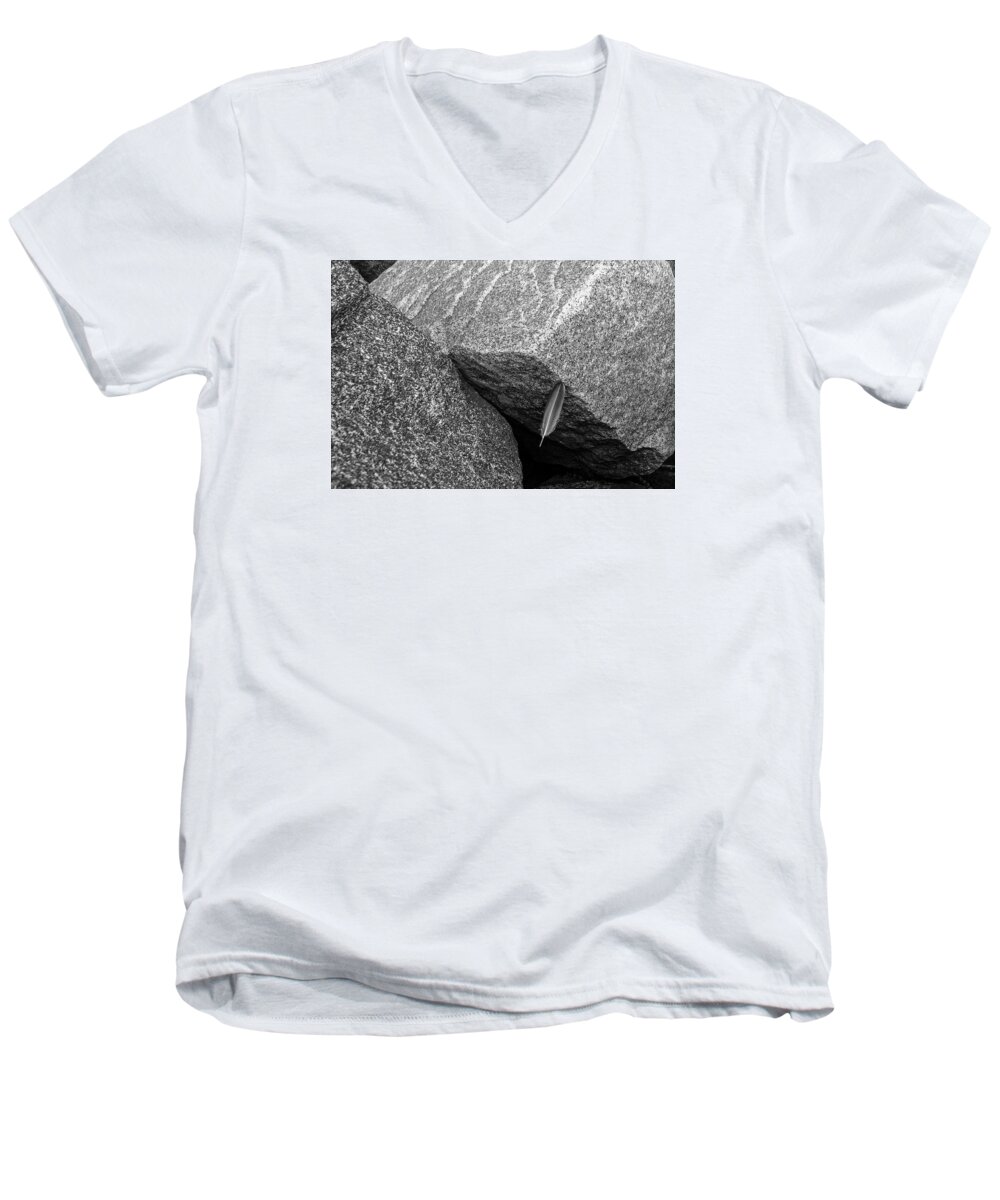 Black And White Men's V-Neck T-Shirt featuring the photograph Between A Rock by Frank Winters