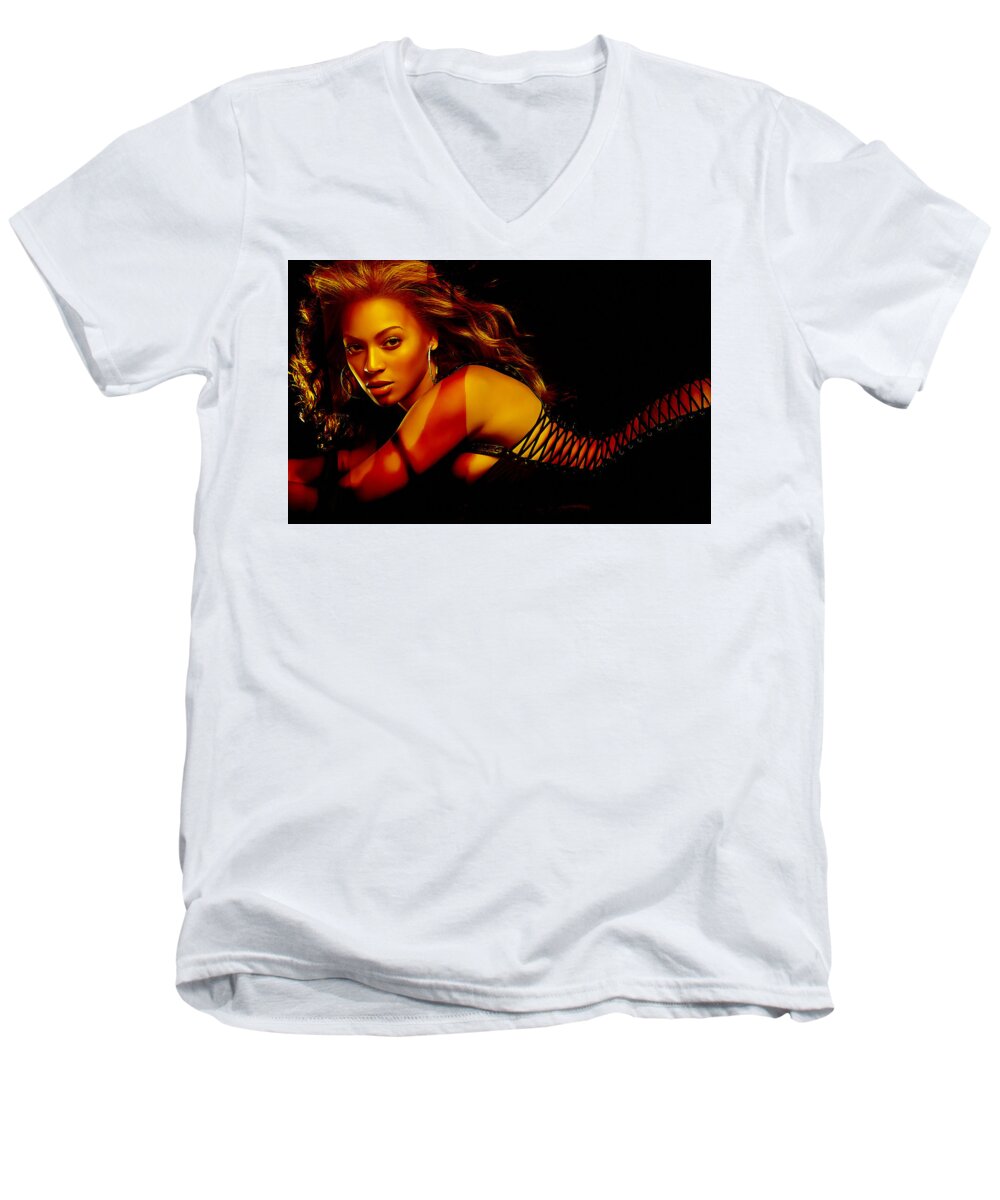 Beyonce Paintings Men's V-Neck T-Shirt featuring the mixed media Beyonce by Marvin Blaine