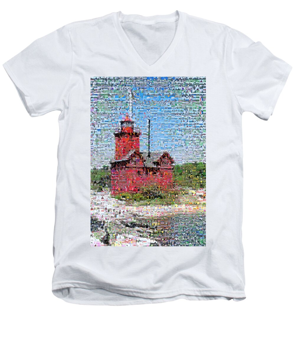 Lighthouse Men's V-Neck T-Shirt featuring the photograph Big Red Photomosaic by Michelle Calkins