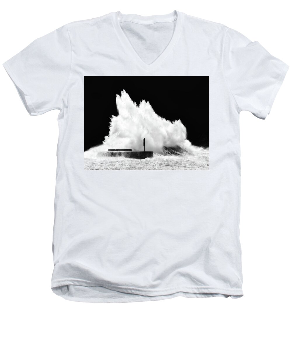 Breakwater Men's V-Neck T-Shirt featuring the photograph Big Wave Breaking On Breakwater by Mikel Martinez de Osaba