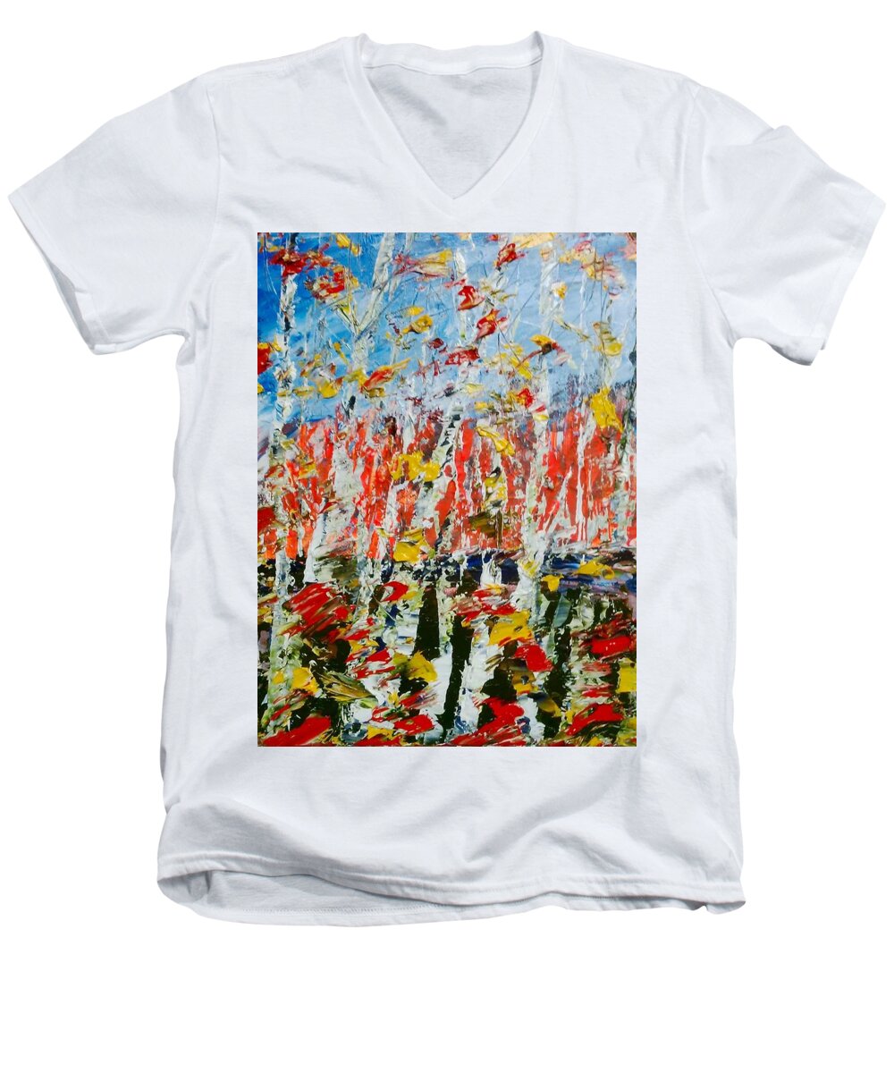 Abstract Landscape Painting Men's V-Neck T-Shirt featuring the painting Birch with Foilage - Fall by Desmond Raymond