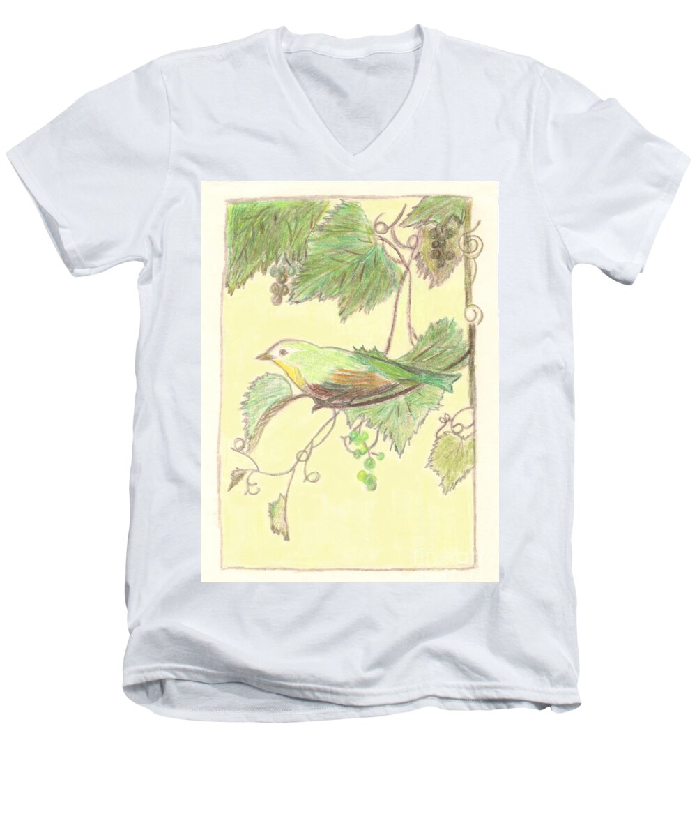 Bird On A Branch Men's V-Neck T-Shirt featuring the drawing Bird on a Branch by Donna L Munro