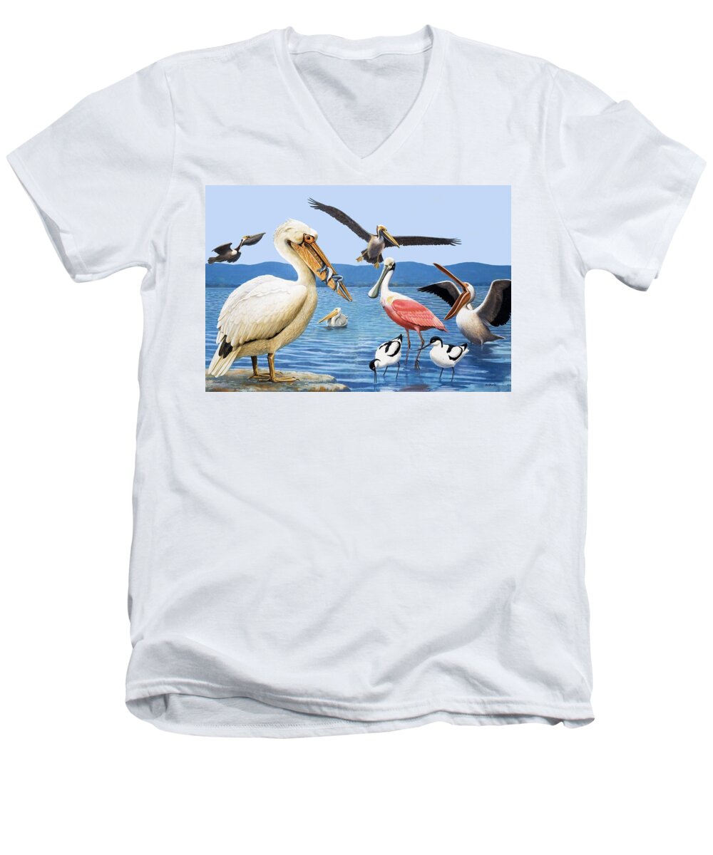 Birds; Beaks; White Pelican; Brown Pelican; Roseate Spoonbill; Avocet; Fish; Water; Lake; America Men's V-Neck T-Shirt featuring the painting Birds with strange beaks by R B Davis