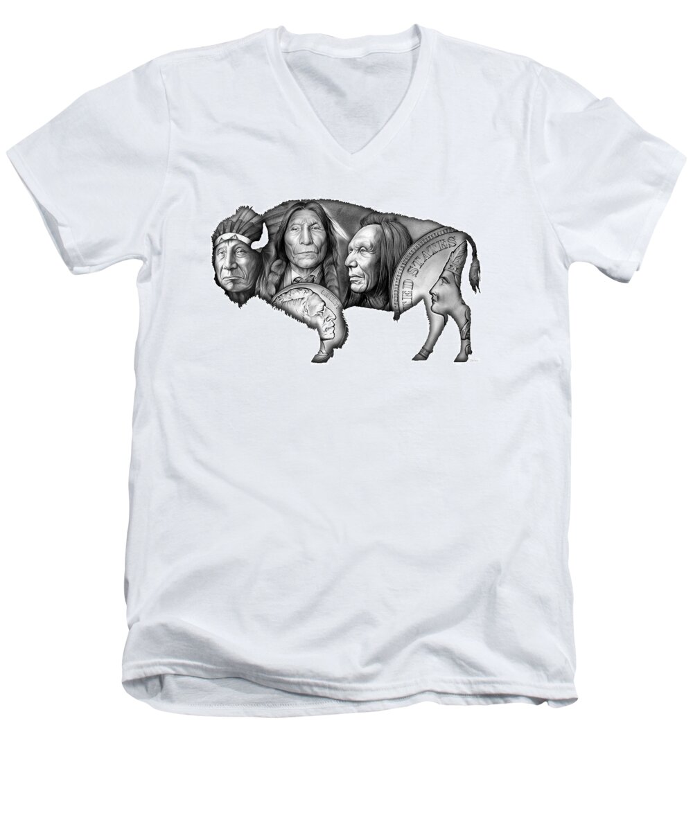 Bison Men's V-Neck T-Shirt featuring the digital art Bison Indian Montage 2 by Greg Joens