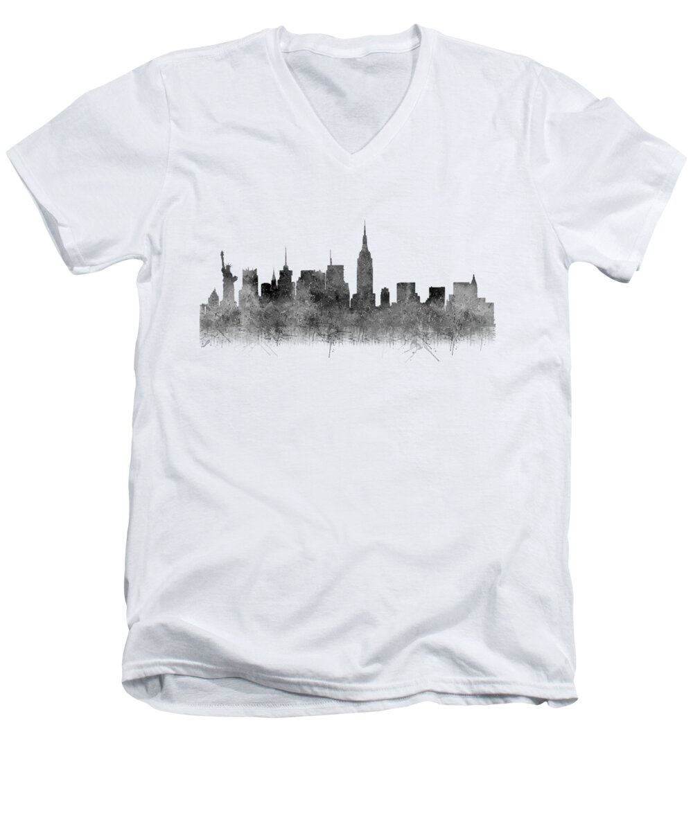 New York Men's V-Neck T-Shirt featuring the digital art Black and White New York Skylines Splashes and Reflections by Georgeta Blanaru