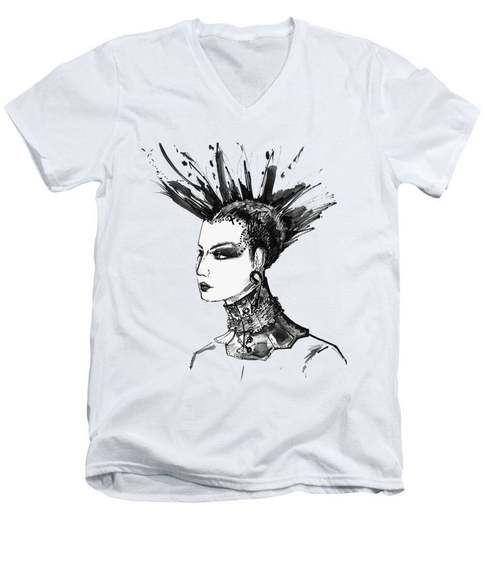 Marian Voicu Men's V-Neck T-Shirt featuring the painting Black and White Punk Rock Girl by Marian Voicu
