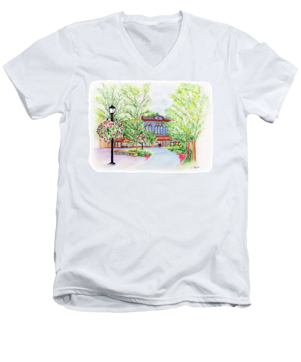Black Sheep Pub Men's V-Neck T-Shirt featuring the painting Black Sheep on the Plaza by Lori Taylor