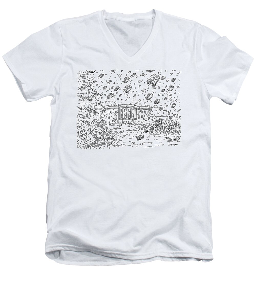 Michael Wolff Men's V-Neck T-Shirt featuring the drawing Blizzard of Fire and Fury by Jeremy Nguyen