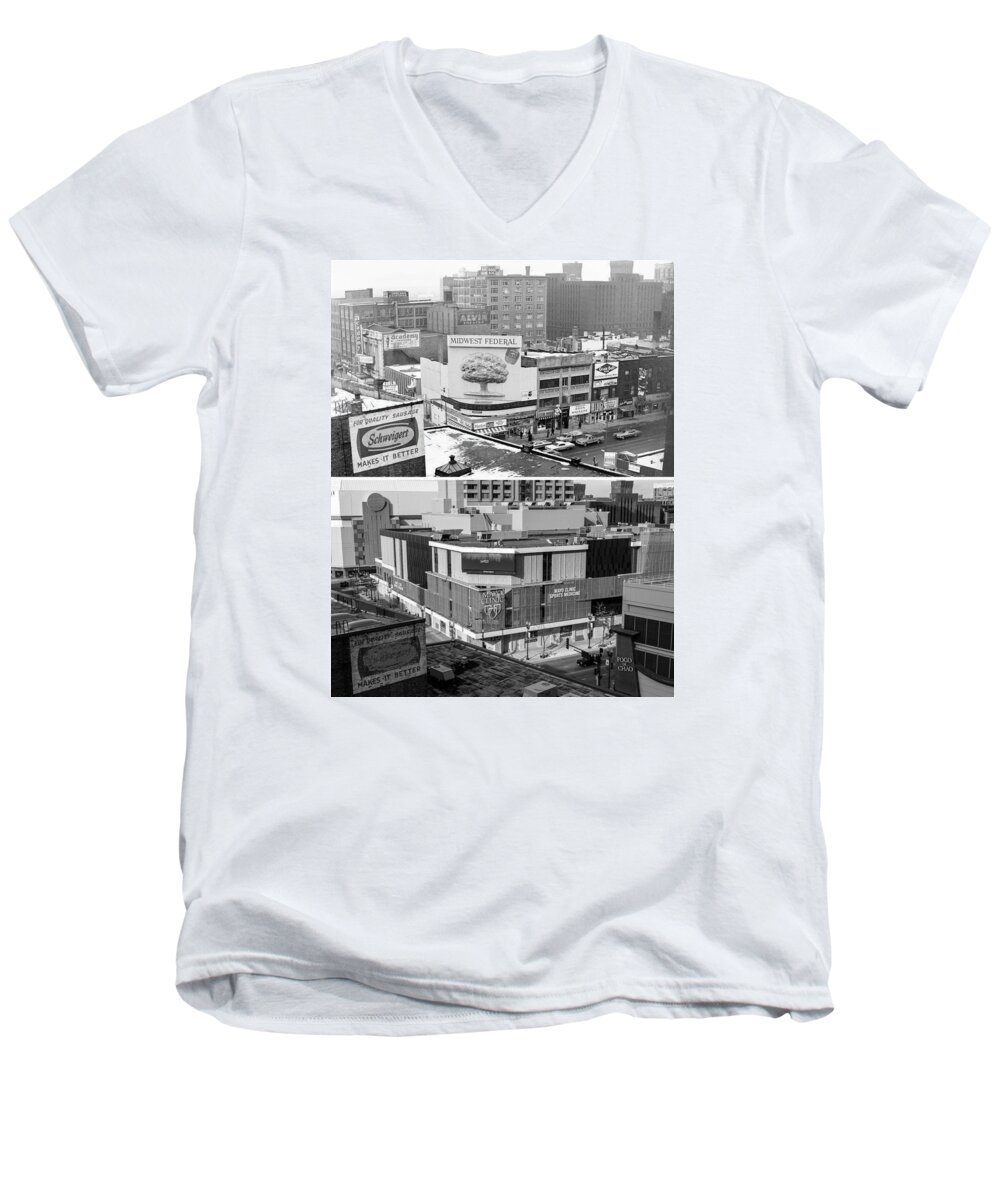 Then_now Men's V-Neck T-Shirt featuring the photograph Block 'E' in Minneapolis by Mike Evangelist
