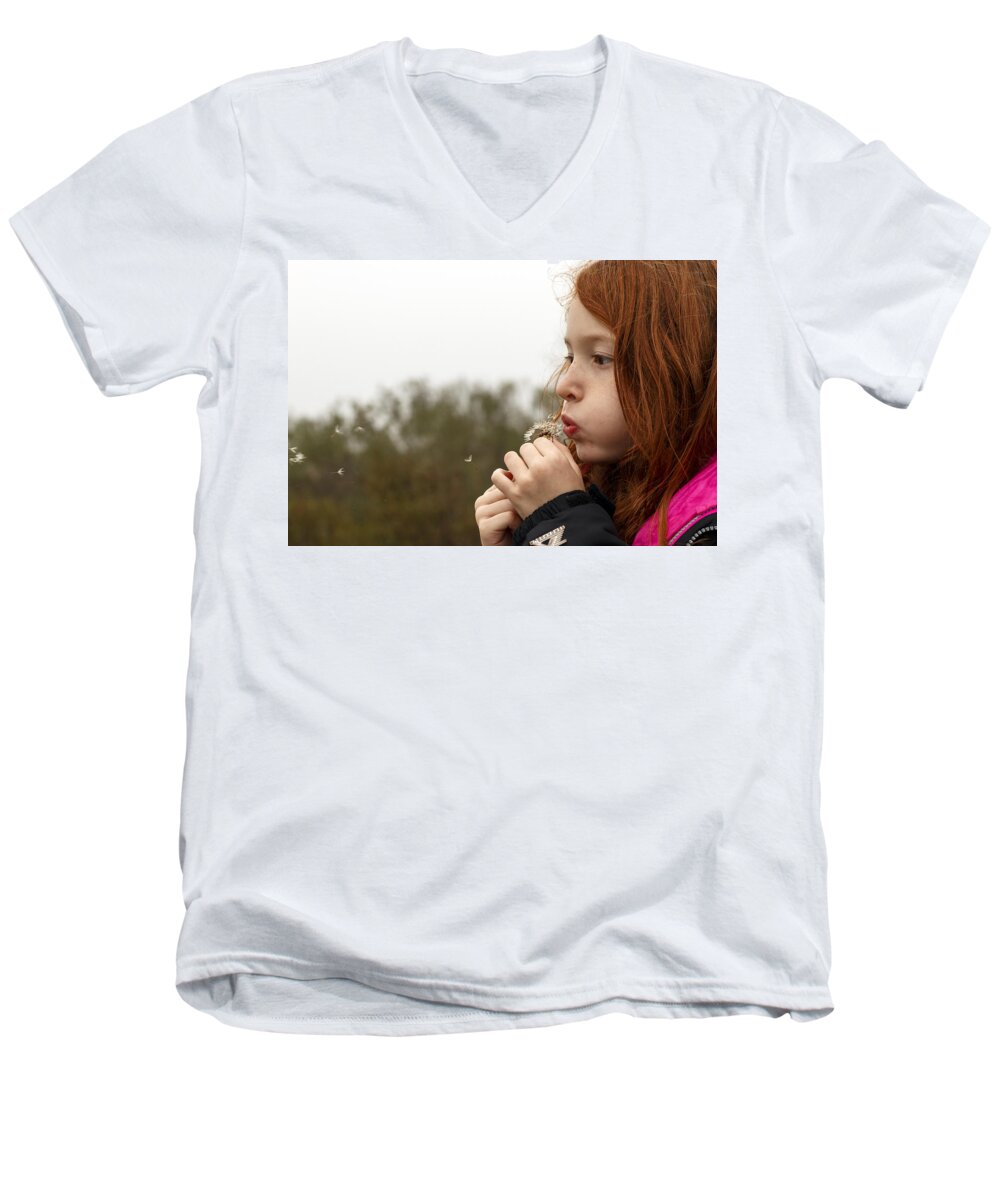 Girl Men's V-Neck T-Shirt featuring the photograph Blowing Dandelions by Travis Rogers