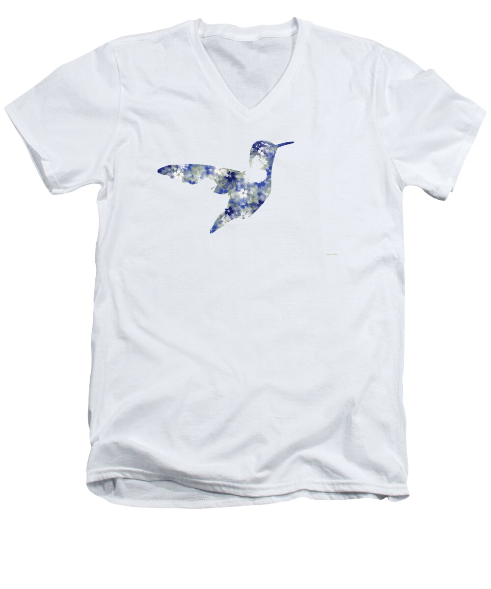 Hummingbird Men's V-Neck T-Shirt featuring the mixed media Blue Floral Hummingbird Art by Christina Rollo