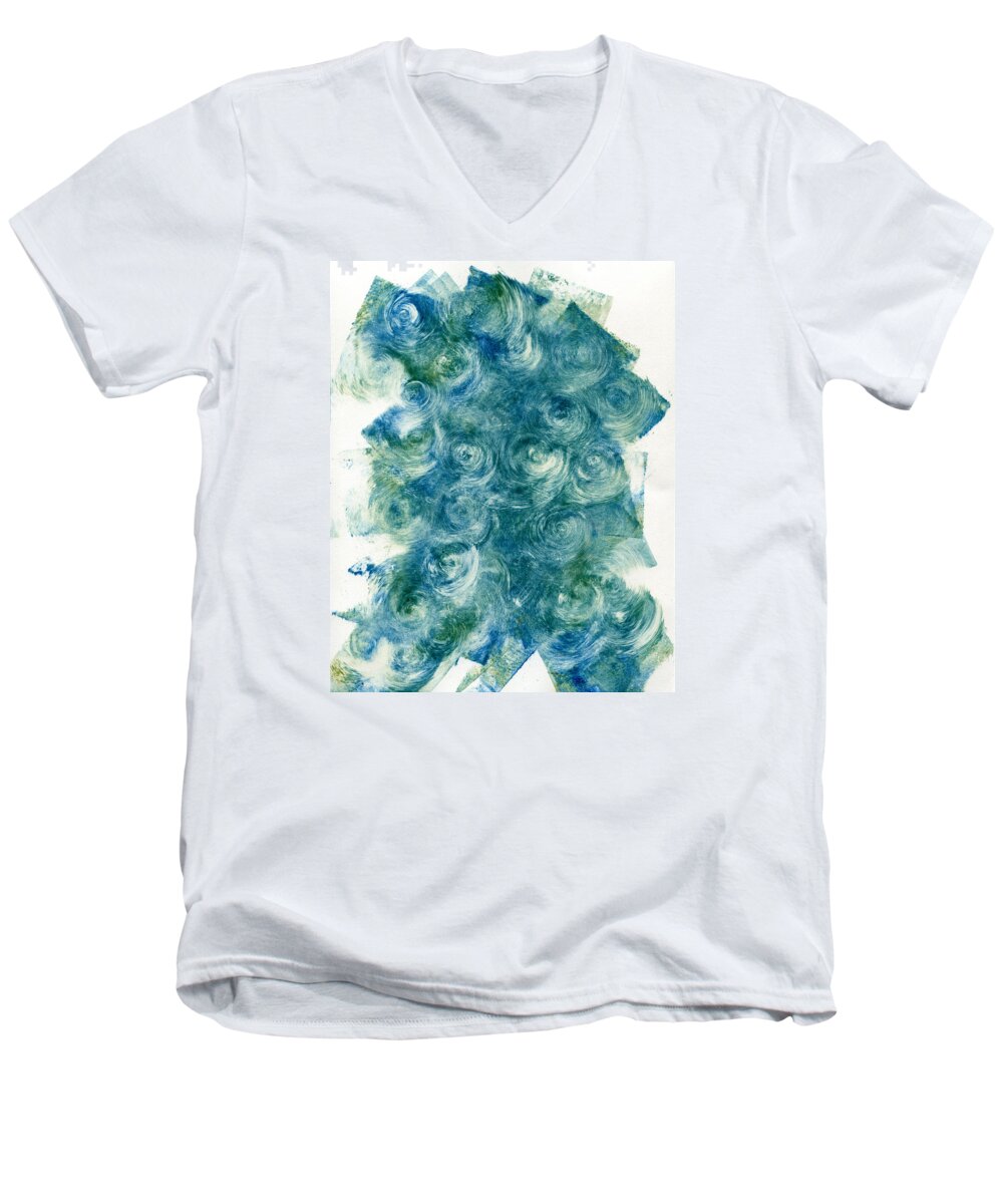 sheryl Karas Men's V-Neck T-Shirt featuring the painting Blue-Green Monoprint Abstract by Sheryl Karas