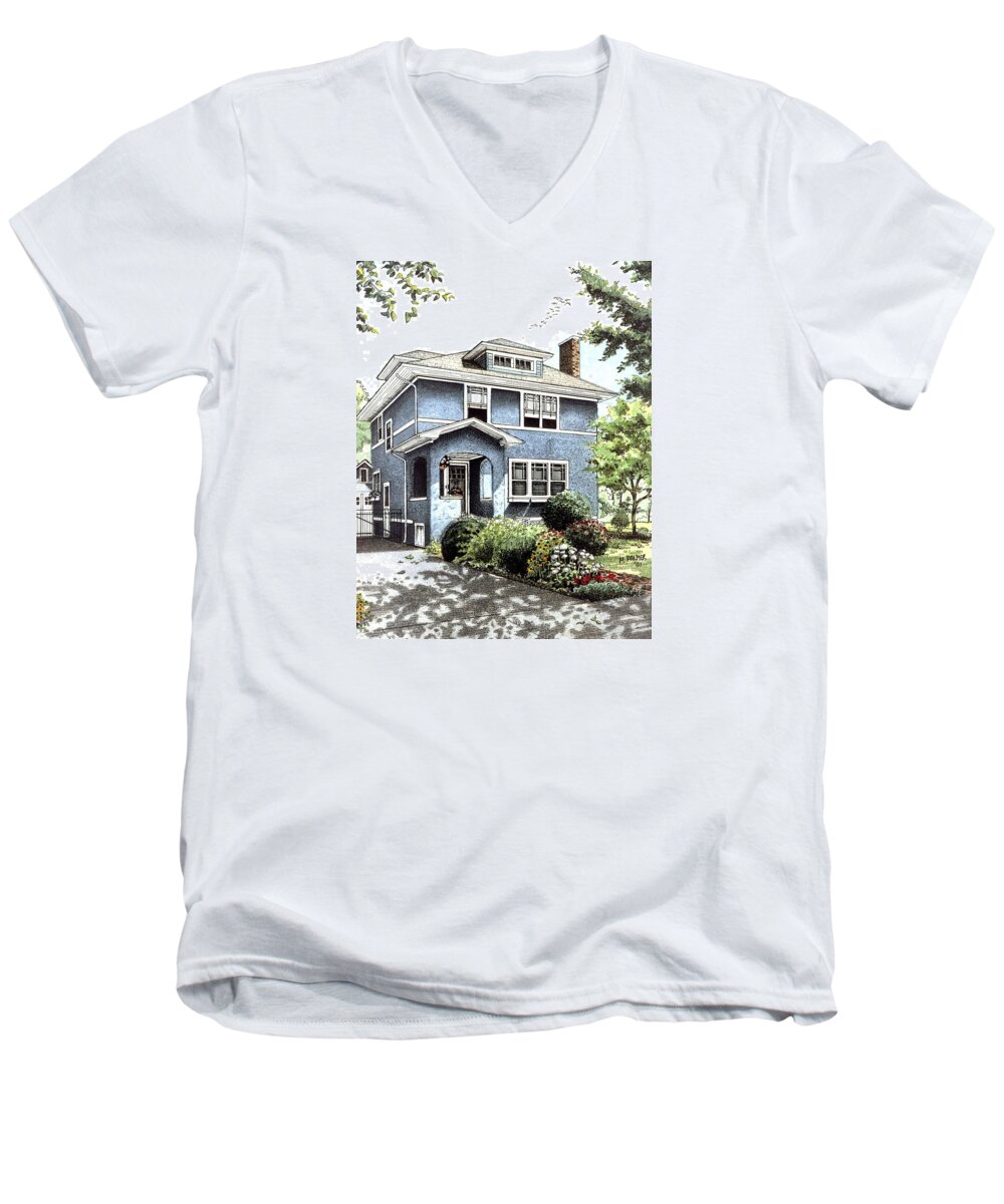 House Men's V-Neck T-Shirt featuring the drawing Blue House by Mary Palmer
