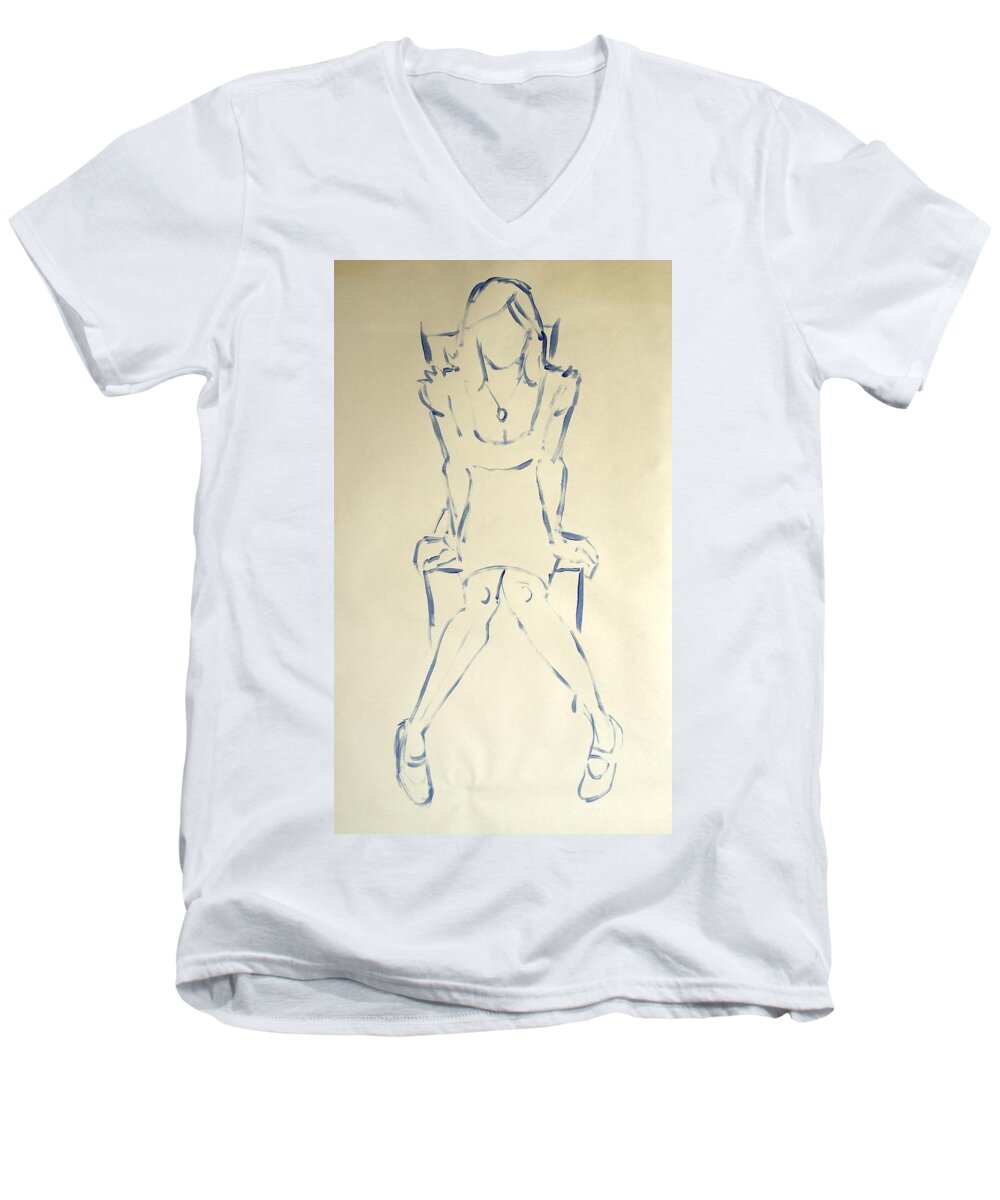 Woman Men's V-Neck T-Shirt featuring the drawing Blue Line Painting Of Woman Sat On Chair With Hands On The Sides Of Her Legs by Mike Jory