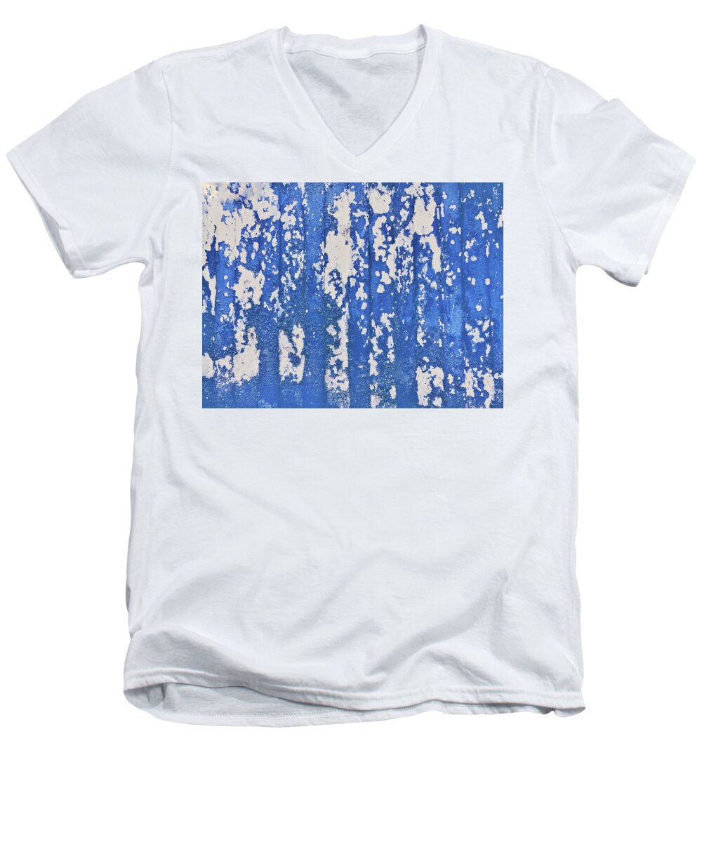 Abstract Men's V-Neck T-Shirt featuring the photograph Blue painted metal by Tom Gowanlock