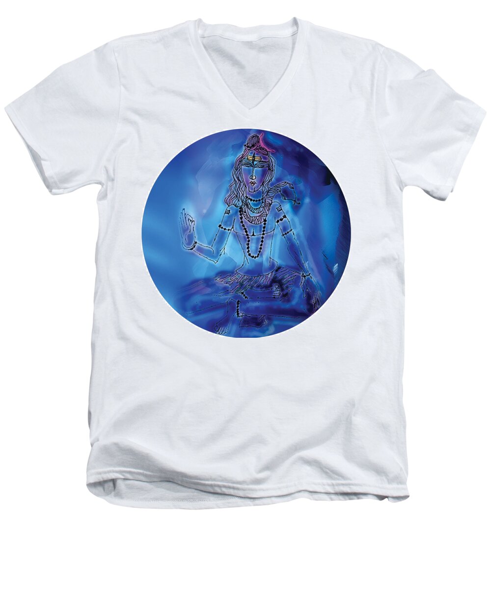 Himalaya Men's V-Neck T-Shirt featuring the painting Blue Shiva by Guruji Aruneshvar Paris Art Curator Katrin Suter