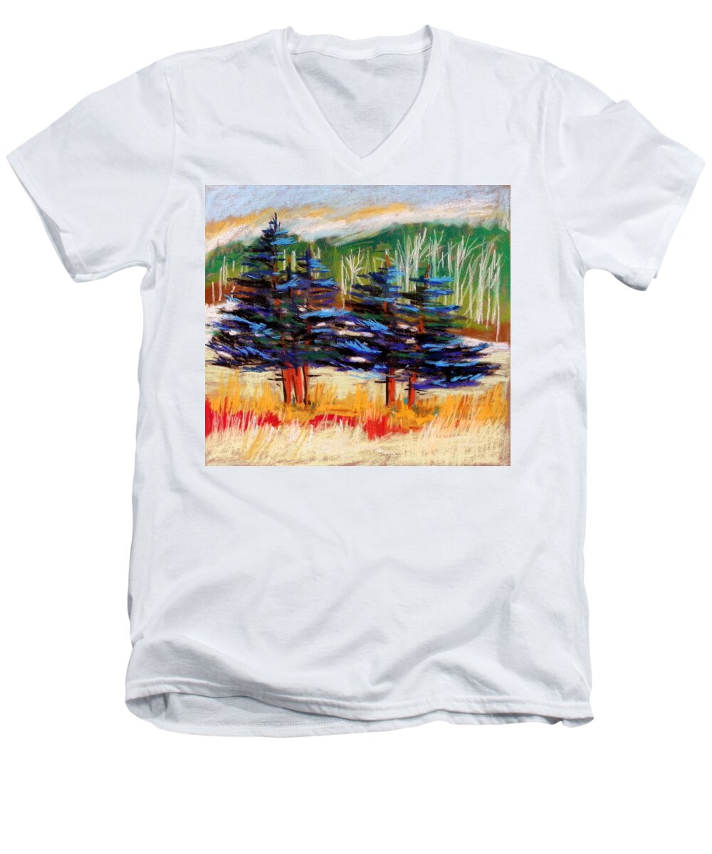 Blue Spruce Men's V-Neck T-Shirt featuring the drawing Blue Spruce Stand by John Williams