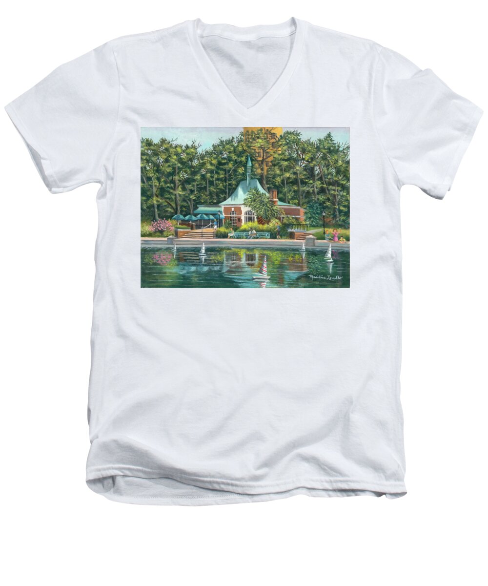 Boathouse Canopy Men's V-Neck T-Shirt featuring the painting BoatHouse In Central Park, N.Y. by Madeline Lovallo