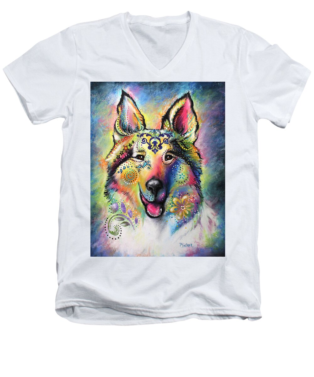 Boho Collie Men's V-Neck T-Shirt featuring the pastel Collie by Patricia Lintner