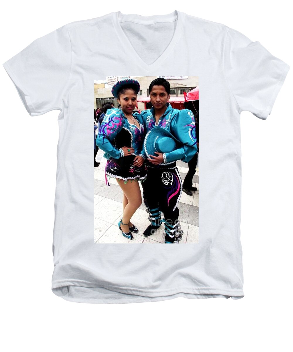 Dance Men's V-Neck T-Shirt featuring the painting Bolivian Couple Dancers by Jayne Kerr