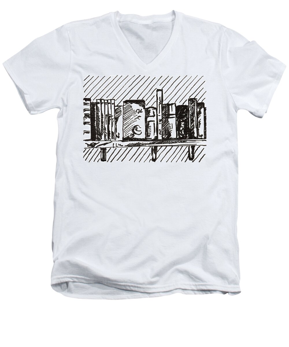Bookshelf Men's V-Neck T-Shirt featuring the drawing Bookshelf 1 2015 - ACEO by Joseph A Langley