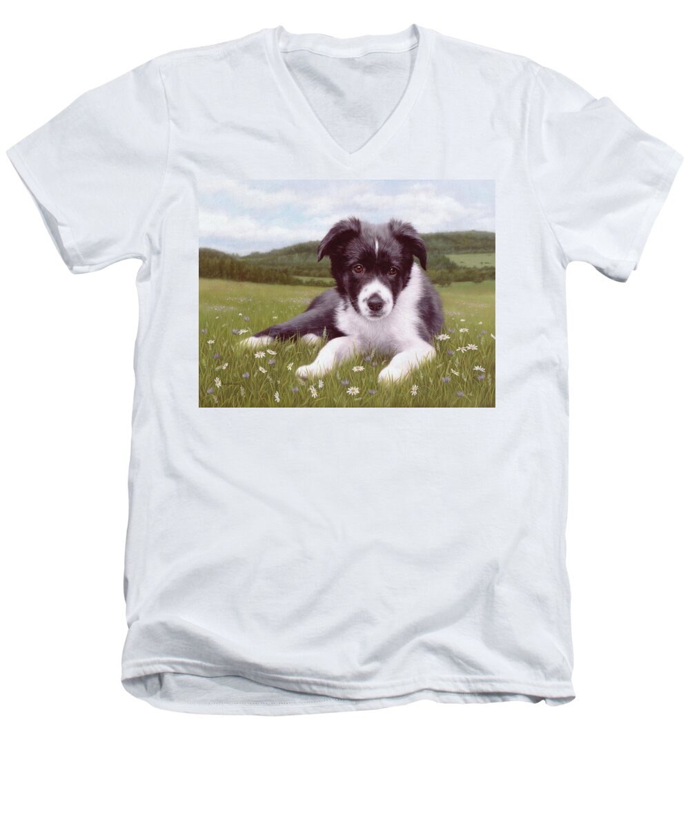 Dog Men's V-Neck T-Shirt featuring the painting Border Collie Puppy Painting by Rachel Stribbling
