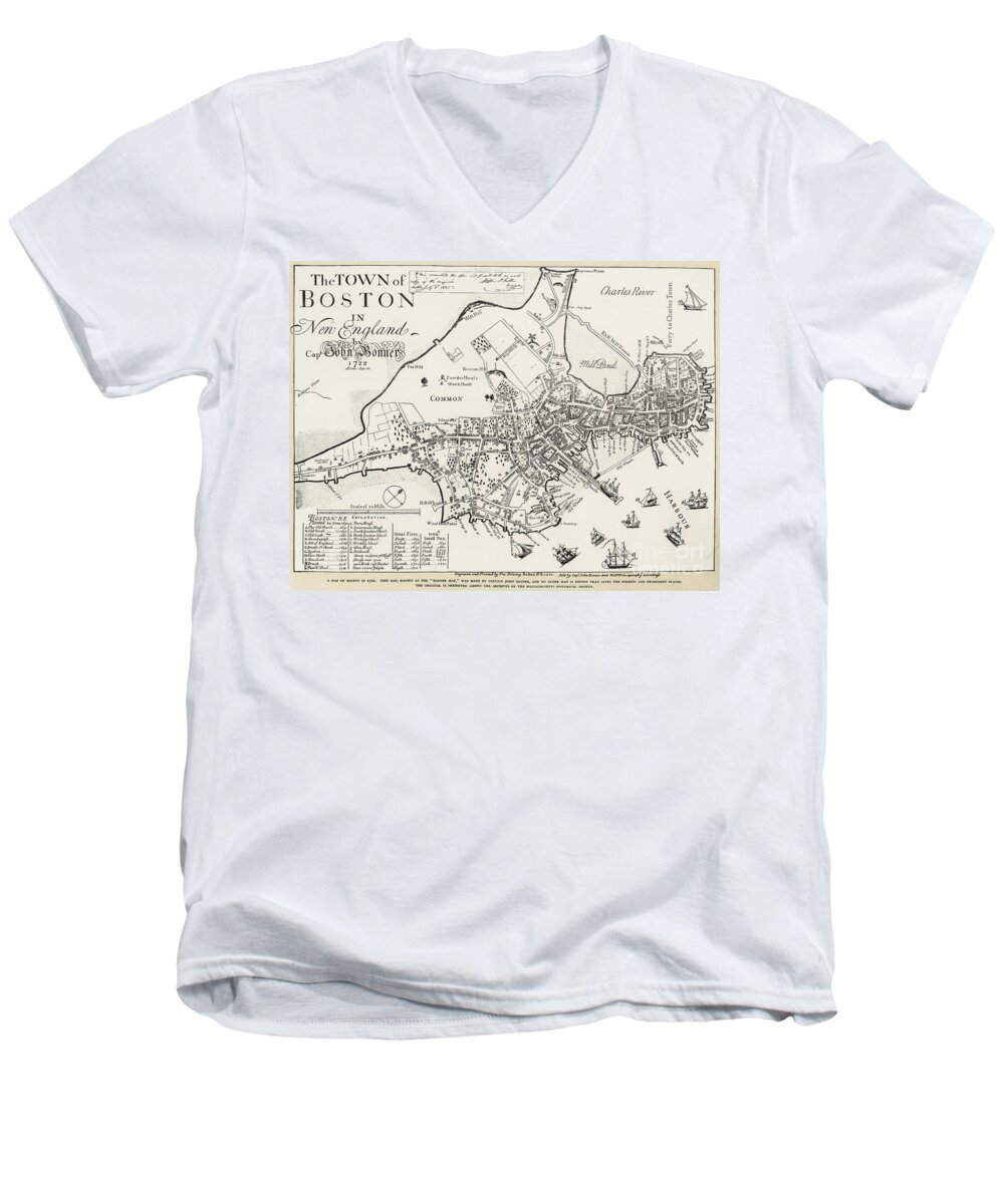 1722 Men's V-Neck T-Shirt featuring the drawing Boston Map, 1722 by John Bonner
