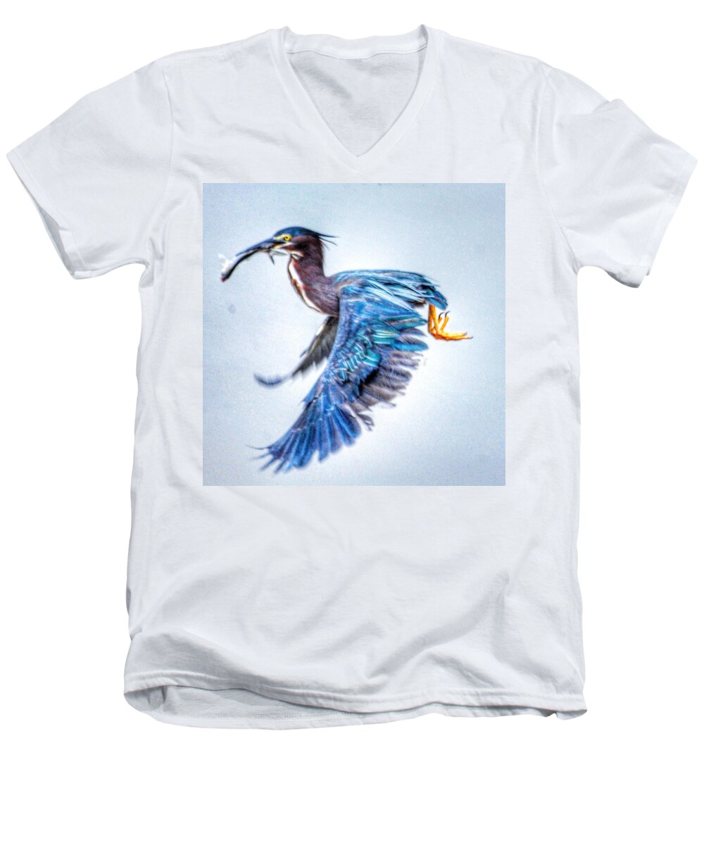 Green Heron Men's V-Neck T-Shirt featuring the photograph Breakfast by Sumoflam Photography