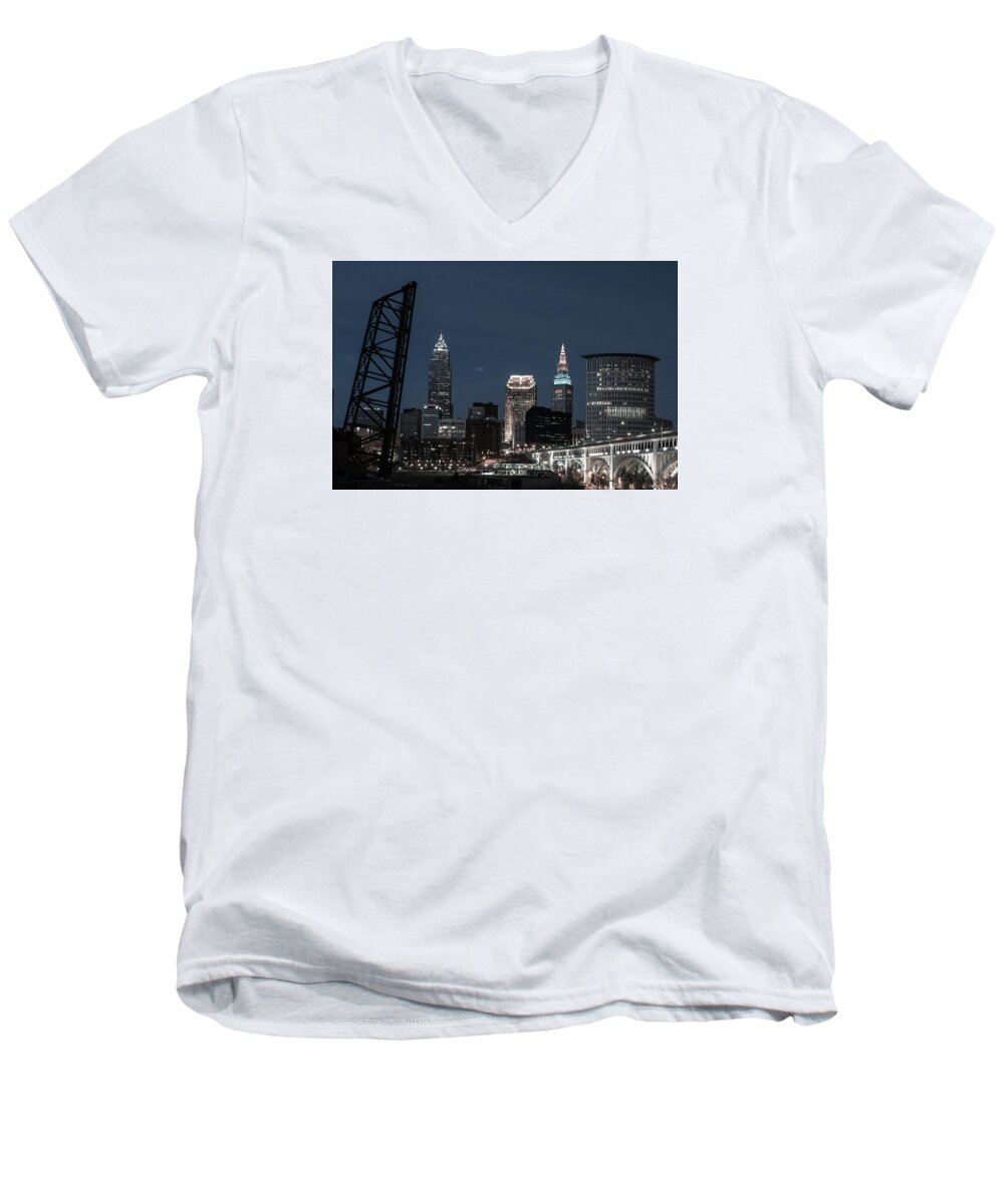 Cleveland Men's V-Neck T-Shirt featuring the photograph Bridges and Buildings by Stewart Helberg