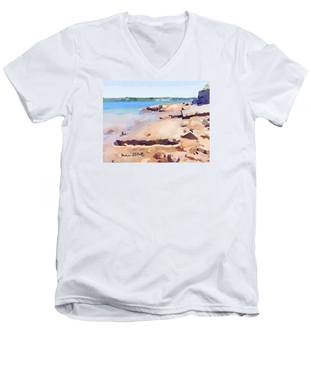 Gloucester Harbor Men's V-Neck T-Shirt featuring the painting Broken Rock Walkway at Ten Pound Island Beach by Melissa Abbott