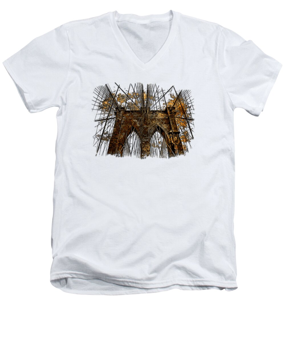 Earthy Men's V-Neck T-Shirt featuring the photograph Brooklyn Bridge Earthy 3 Dimensional by DiDesigns Graphics