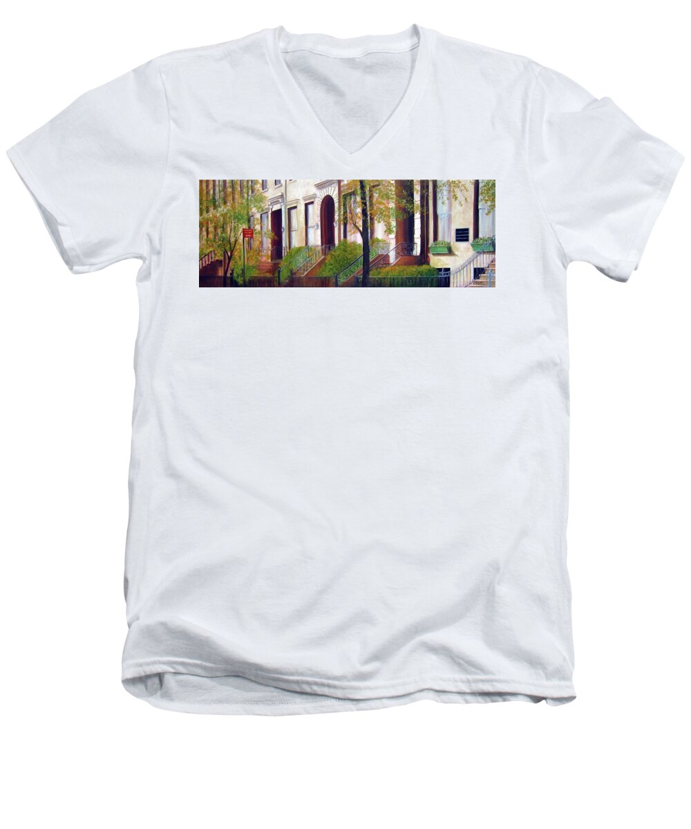 Nyc Men's V-Neck T-Shirt featuring the painting Brooklyn Brownstone Corridor 2 by Leonardo Ruggieri