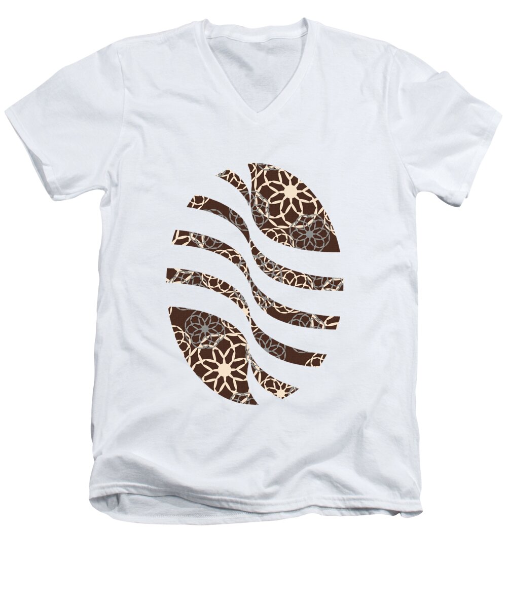 Floral Pattern Men's V-Neck T-Shirt featuring the mixed media Brown and Silver Floral Pattern Art by Christina Rollo
