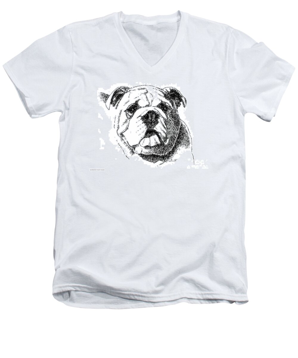 Bulldog Men's V-Neck T-Shirt featuring the drawing Bulldog-Portrait-Drawing by Gordon Punt