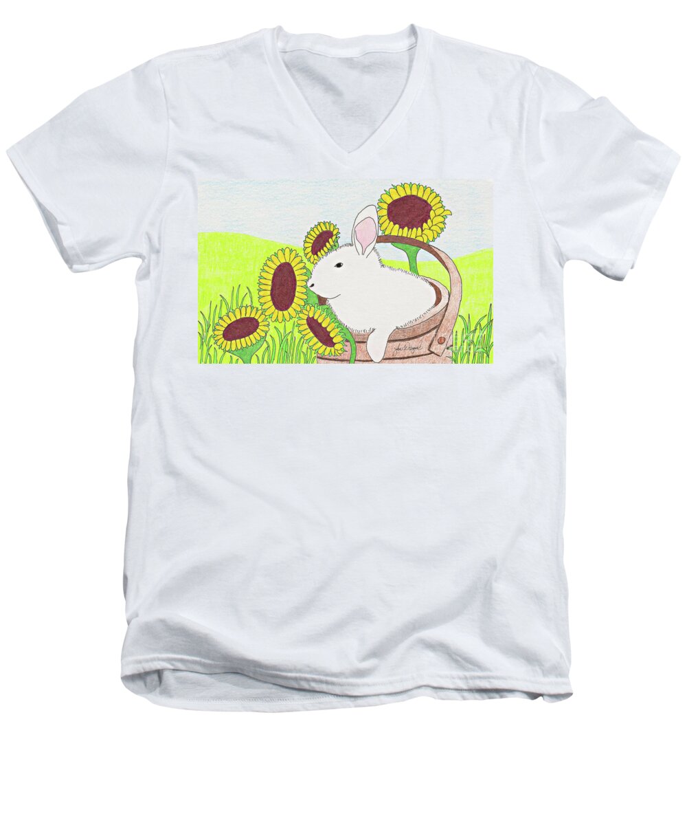 Bunny Men's V-Neck T-Shirt featuring the drawing Bunny in a Basket by John Wiegand
