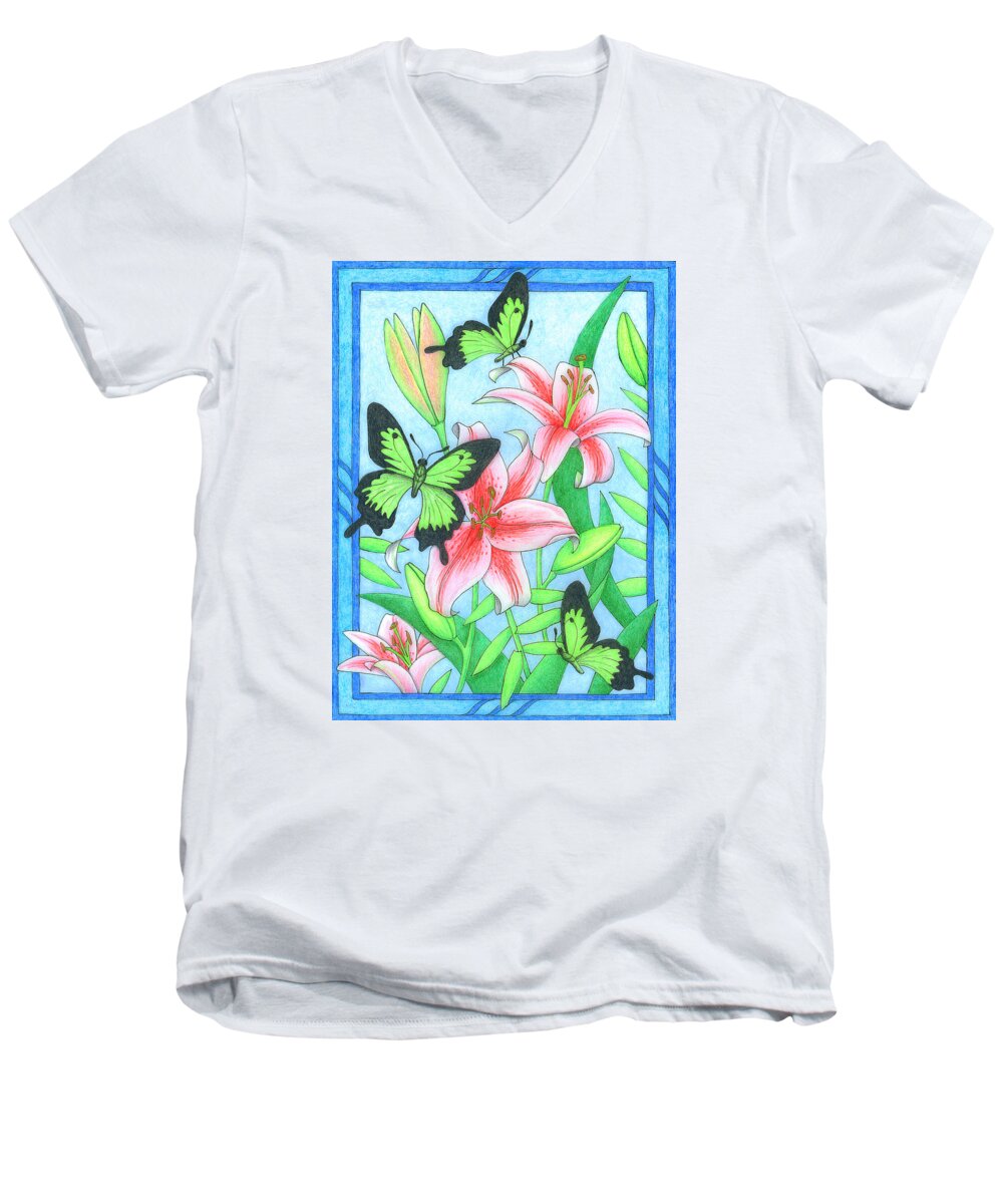 Flower Men's V-Neck T-Shirt featuring the drawing Butterfly Idyll- Lilies by Alison Stein