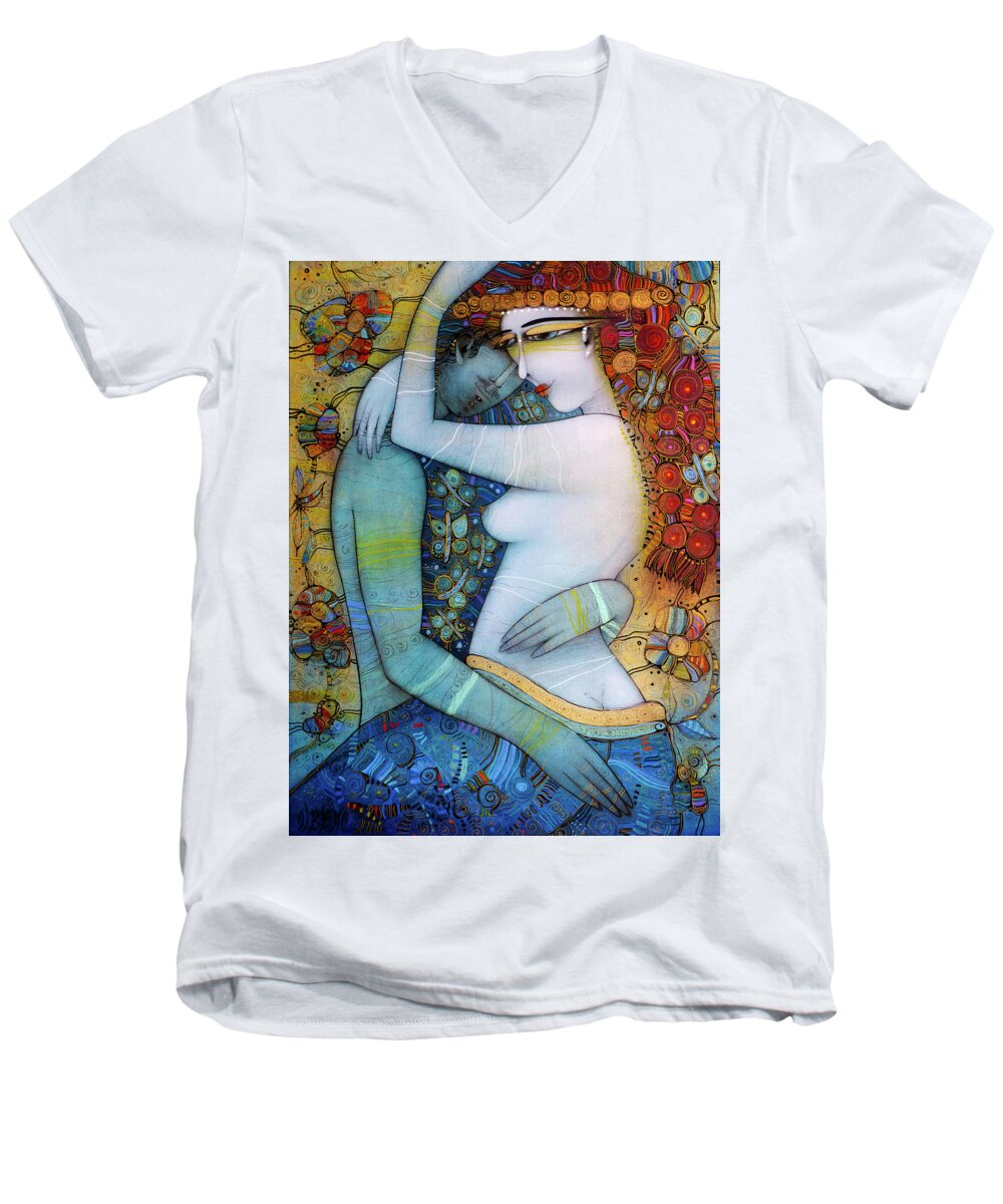 Albena Men's V-Neck T-Shirt featuring the painting Butterfly Kiss by Albena Vatcheva