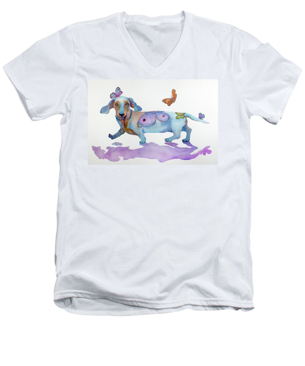 Dachshund Men's V-Neck T-Shirt featuring the painting Butterfly Doxie Doo by Marcia Baldwin