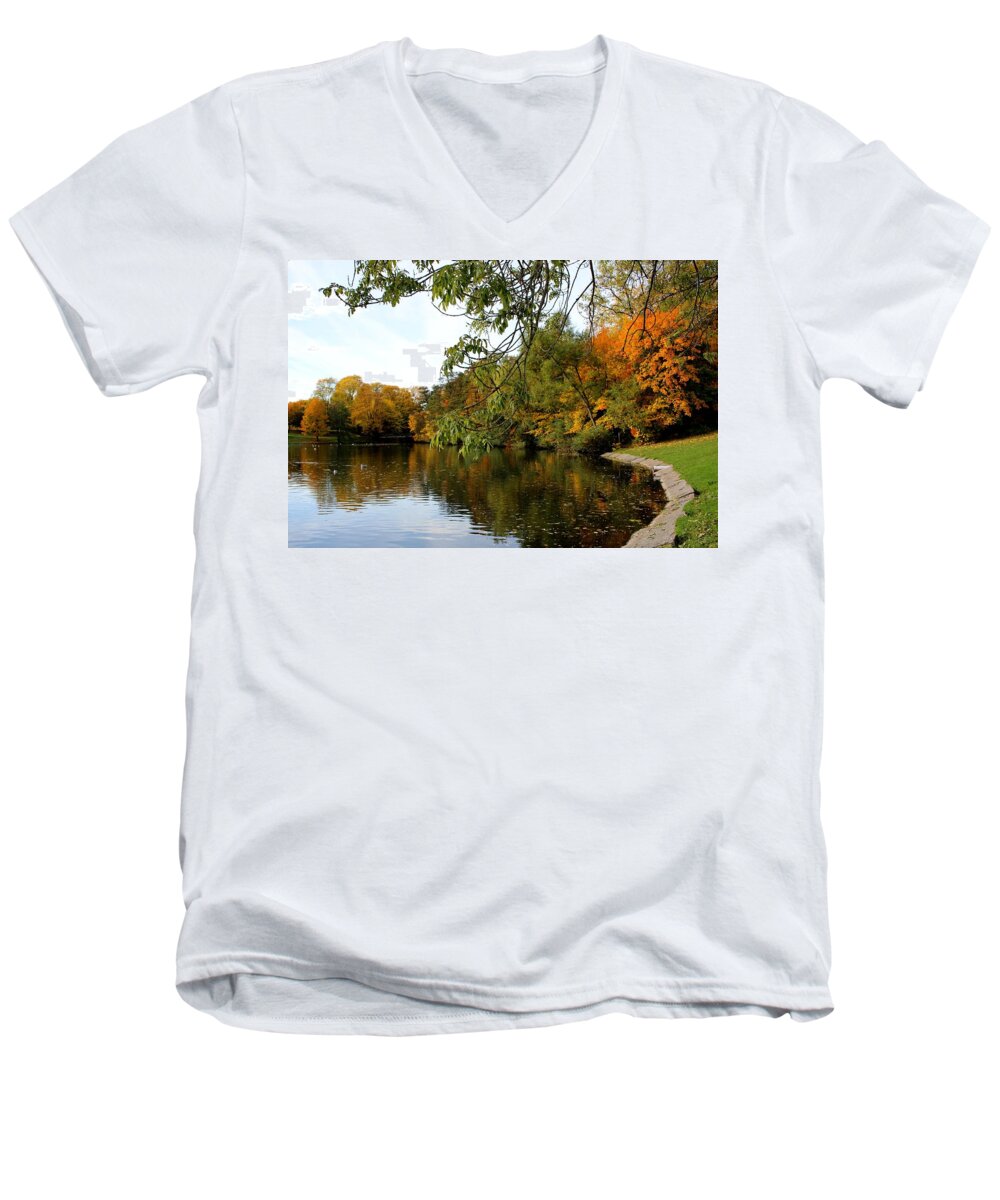 Pond Lake Trees Plant Plants Vegetation Reflection Outdoors Nature Landscape View Norway Scandinavia Europe Sky Autumn Fall Sky Orange Green Yellow Blue Grey White Beige Brown Men's V-Neck T-Shirt featuring the digital art By the Pond by Jeanette Rode Dybdahl