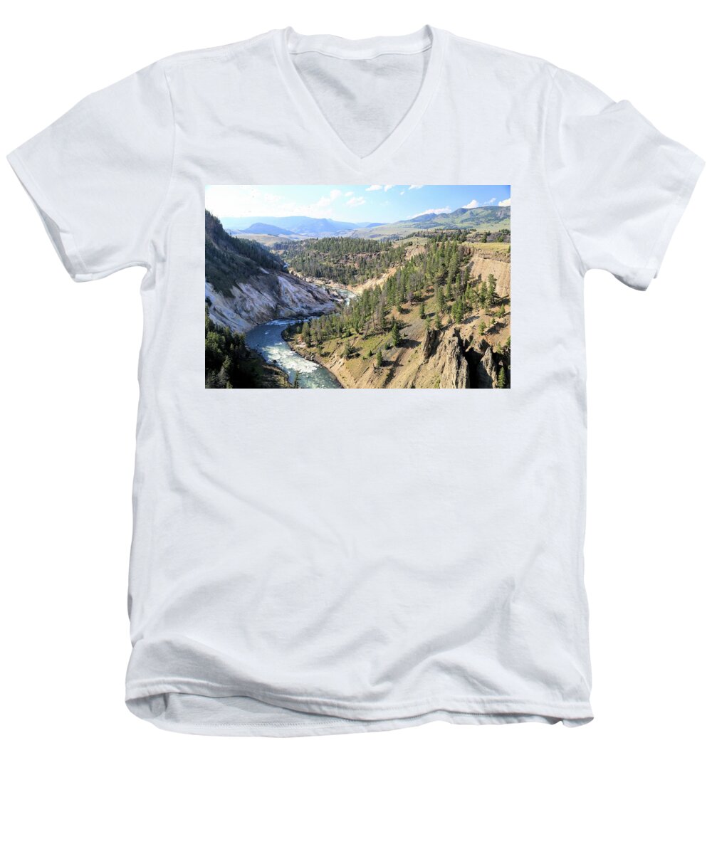 Photosbymch Men's V-Neck T-Shirt featuring the photograph Calcite Springs along the bank of the Yellowstone River by M C Hood