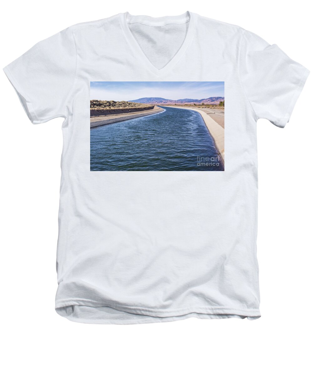 Pacific Crest Trail; Blue; Brown; California Aqueduct; Canal; Dirt; Flowing Water; Green; Joe Lach; Overpass; River; Sidewalk; Stream; Trail; Walking Path; Water Men's V-Neck T-Shirt featuring the photograph California Aqueduct S Curves by Joe Lach
