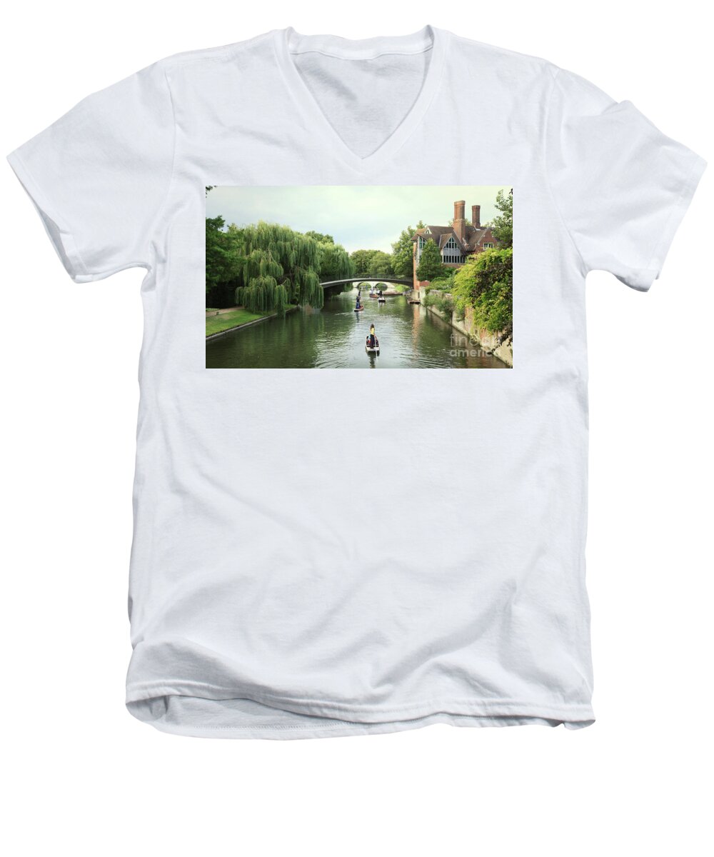 Cambridge Men's V-Neck T-Shirt featuring the photograph Cambridge River Punting by Eden Baed