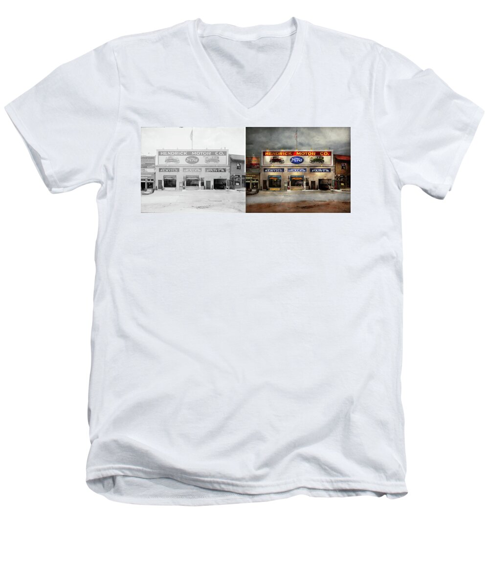 Hendrick Motor Men's V-Neck T-Shirt featuring the photograph Car - Garage - Hendricks Motor Co 1928 - Side by Side by Mike Savad