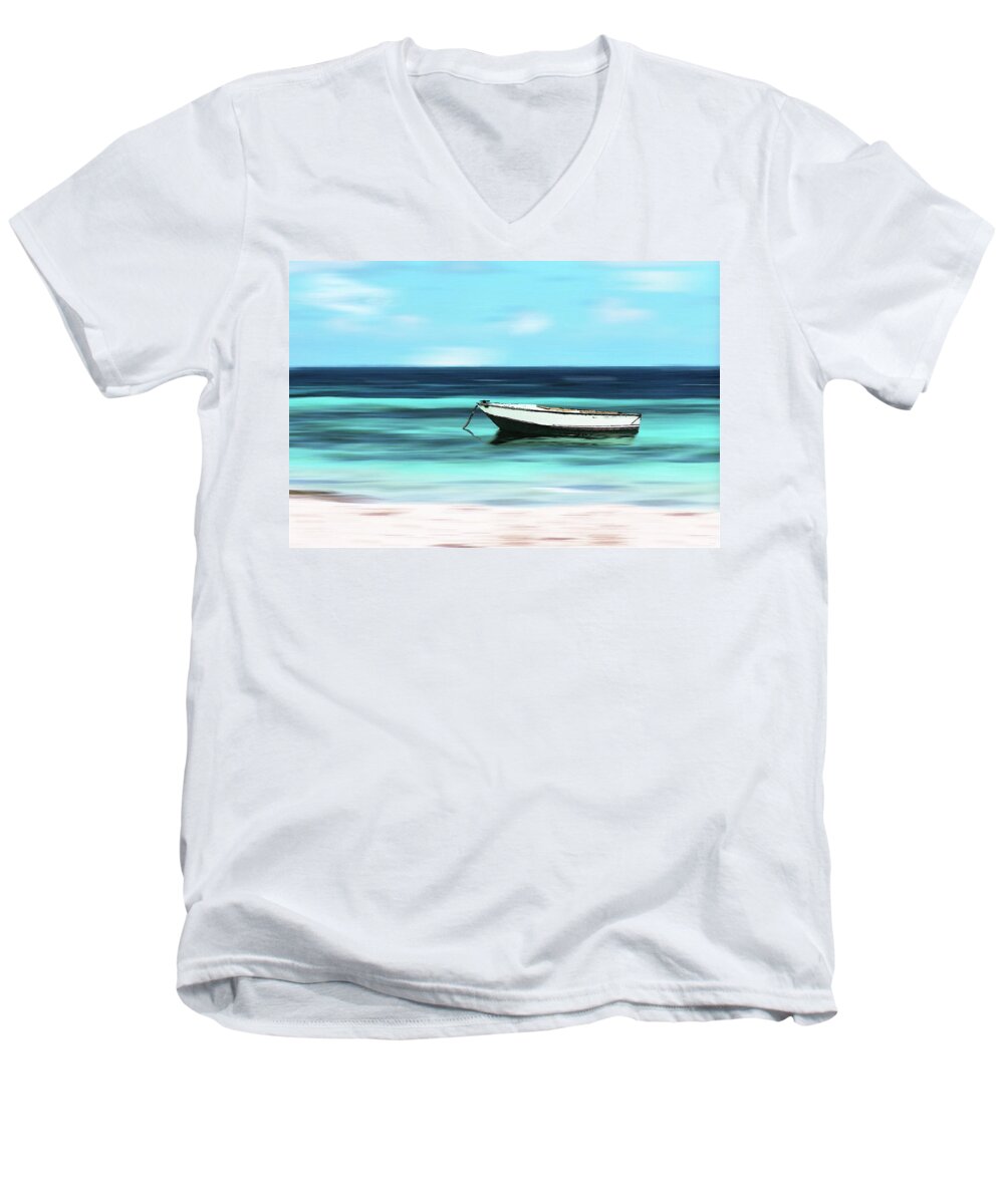 Beach Men's V-Neck T-Shirt featuring the digital art Caribbean Dream Boat by Deborah Smith