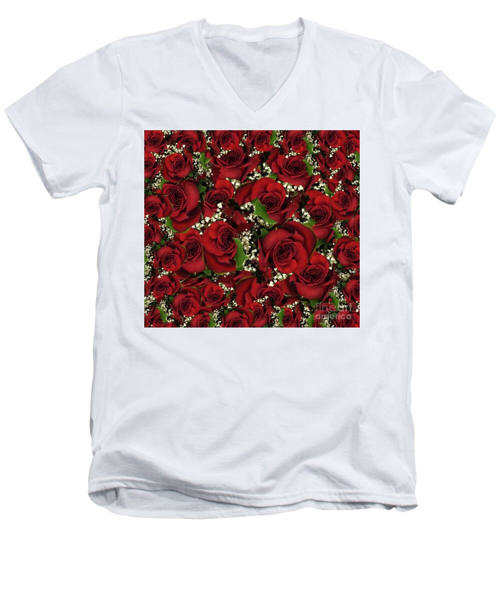 Carmine Men's V-Neck T-Shirt featuring the photograph Carmine Roses by Rockin Docks Deluxephotos