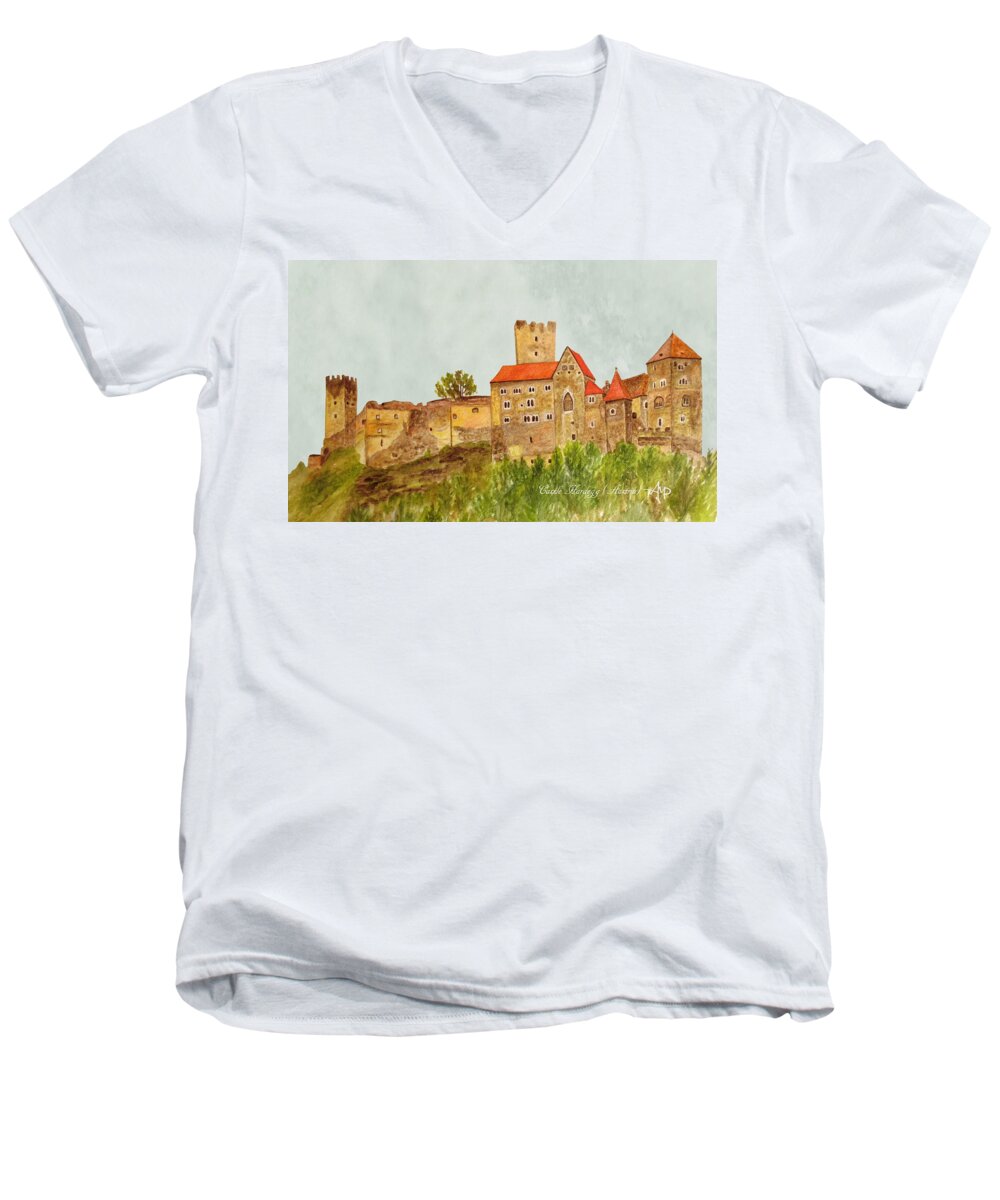 Castle Hardegg Men's V-Neck T-Shirt featuring the painting Castle Hardegg by Angeles M Pomata