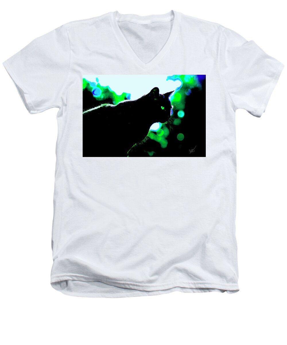 Cat Men's V-Neck T-Shirt featuring the photograph Cat Bathed in Green Light by Gina O'Brien