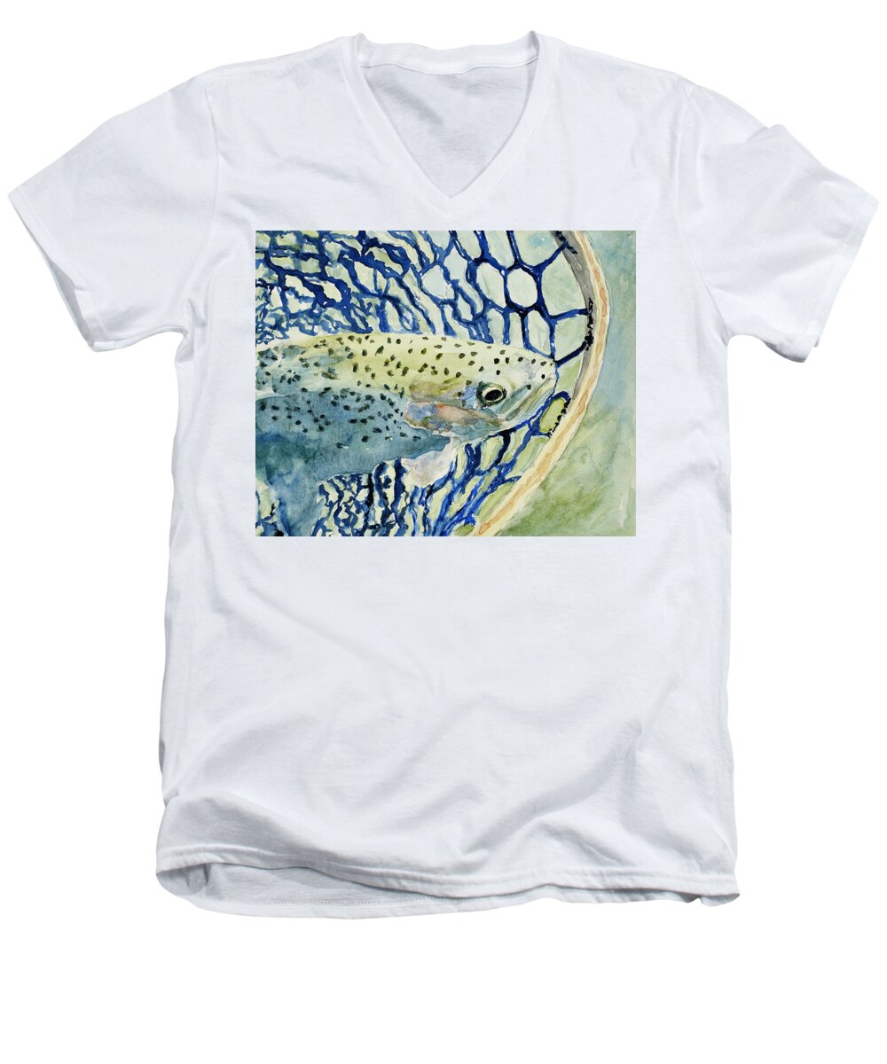 Fish Men's V-Neck T-Shirt featuring the painting Catch and Release by Mary Benke