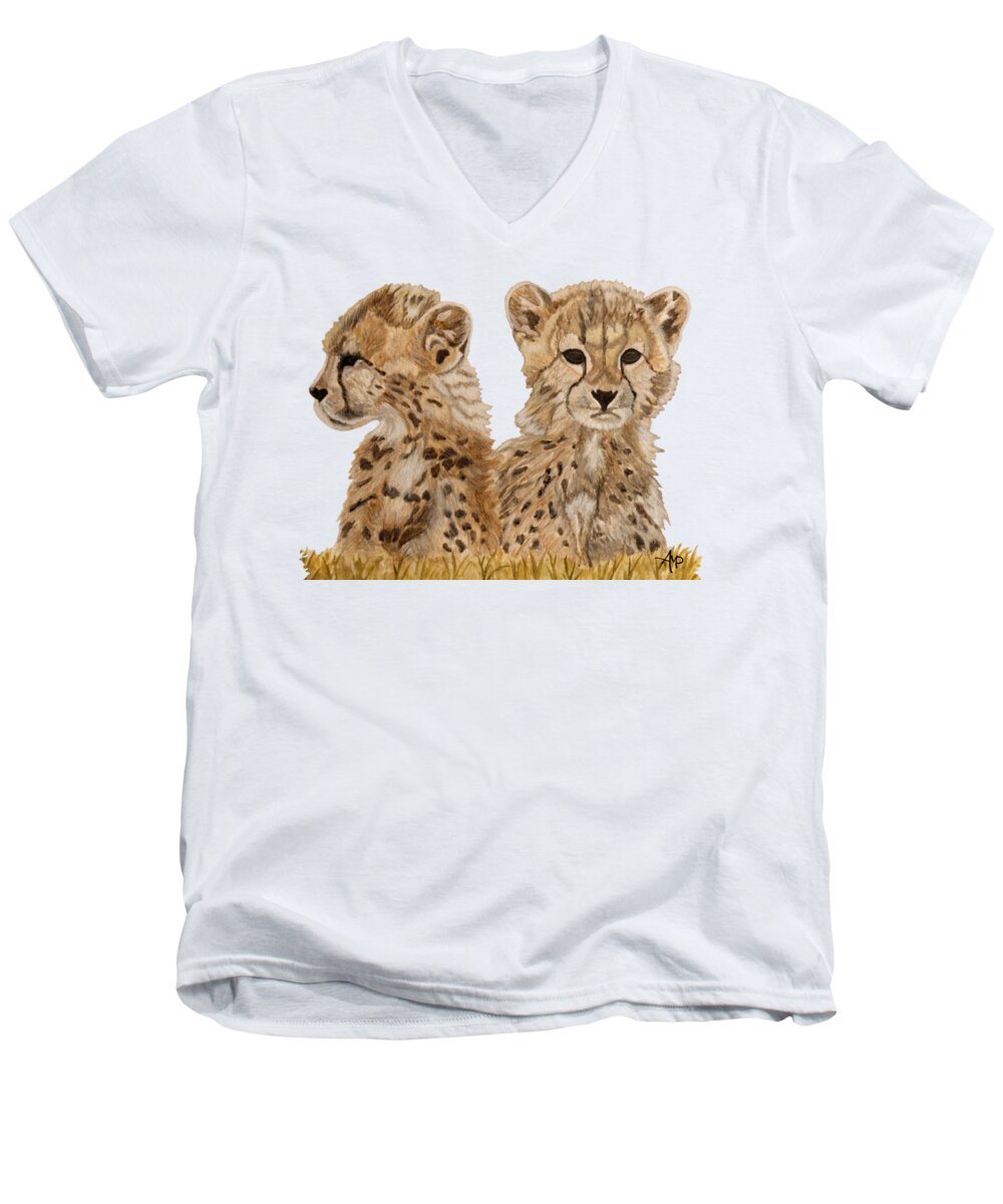 Cheetah Men's V-Neck T-Shirt featuring the painting Cheetah Cubs by Angeles M Pomata